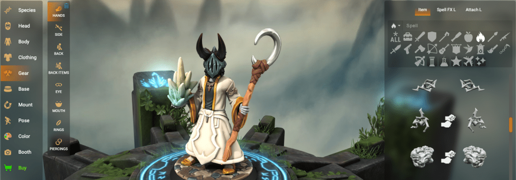 A character wearing a horned helmet, holding a staff with a crescent moon and a glowing energy in their hand.