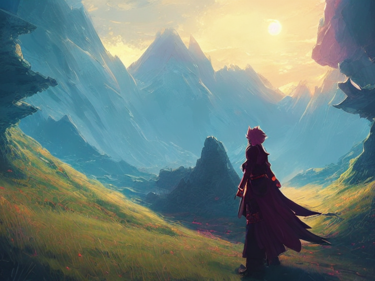 Person overlooking a mountain valley bathed in sunlight, vibrant green and blue hues.