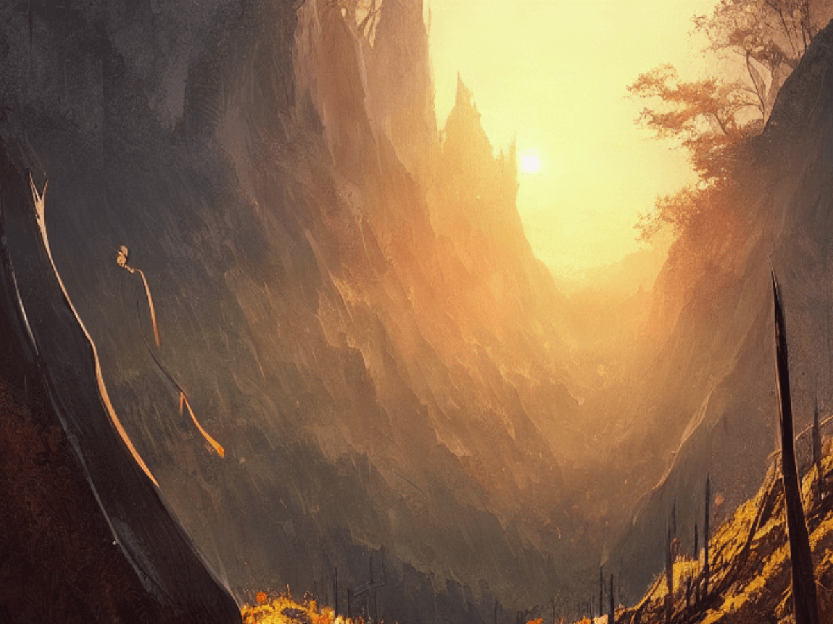 Golden sunset illuminates a canyon with towering walls, revealing distant structures and a path lined with posts.