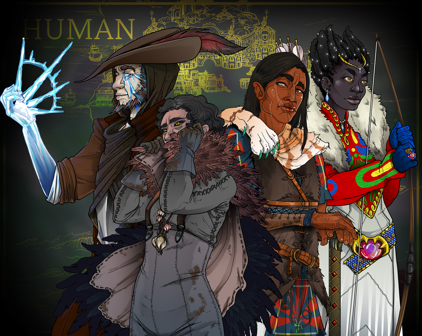 Four figures with fantasy elements; the word 