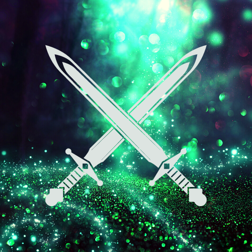 Two crossed swords, white outlines, against a glowing teal and green speckled background.