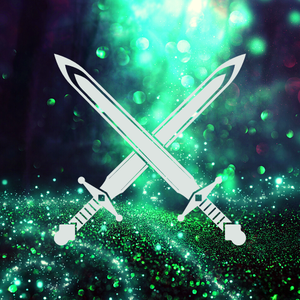 Two crossed swords, white outlines, against a glowing teal and green speckled background.