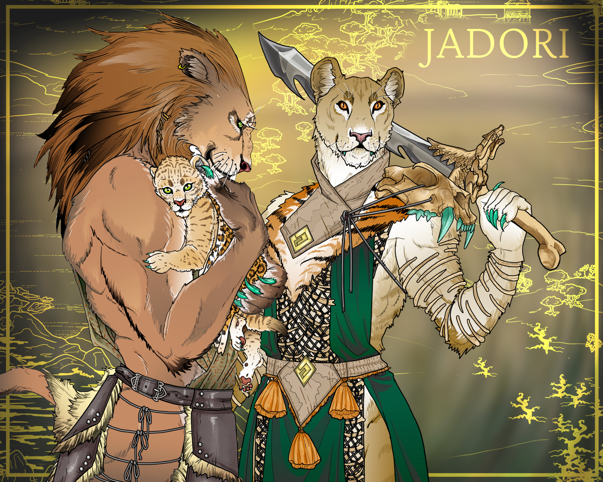 Lion-like figures: one holding cub, other with sword. Green and tan clothing, gold accents. 
