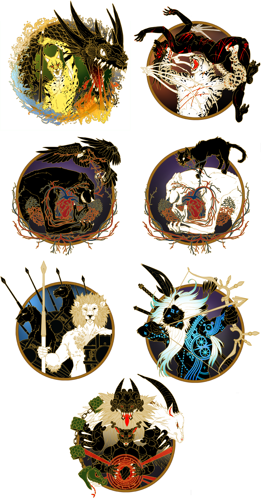 Seven colorful circular illustrations featuring various mythical creatures.