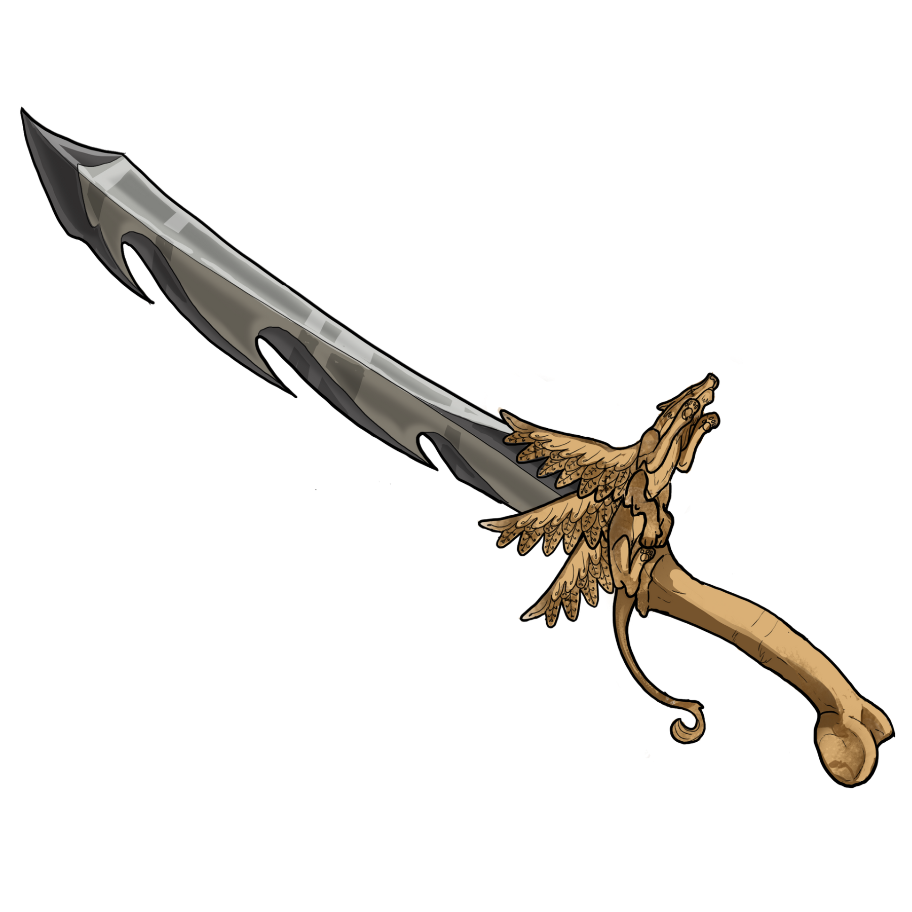 Curved sword with jagged blade, bone handle