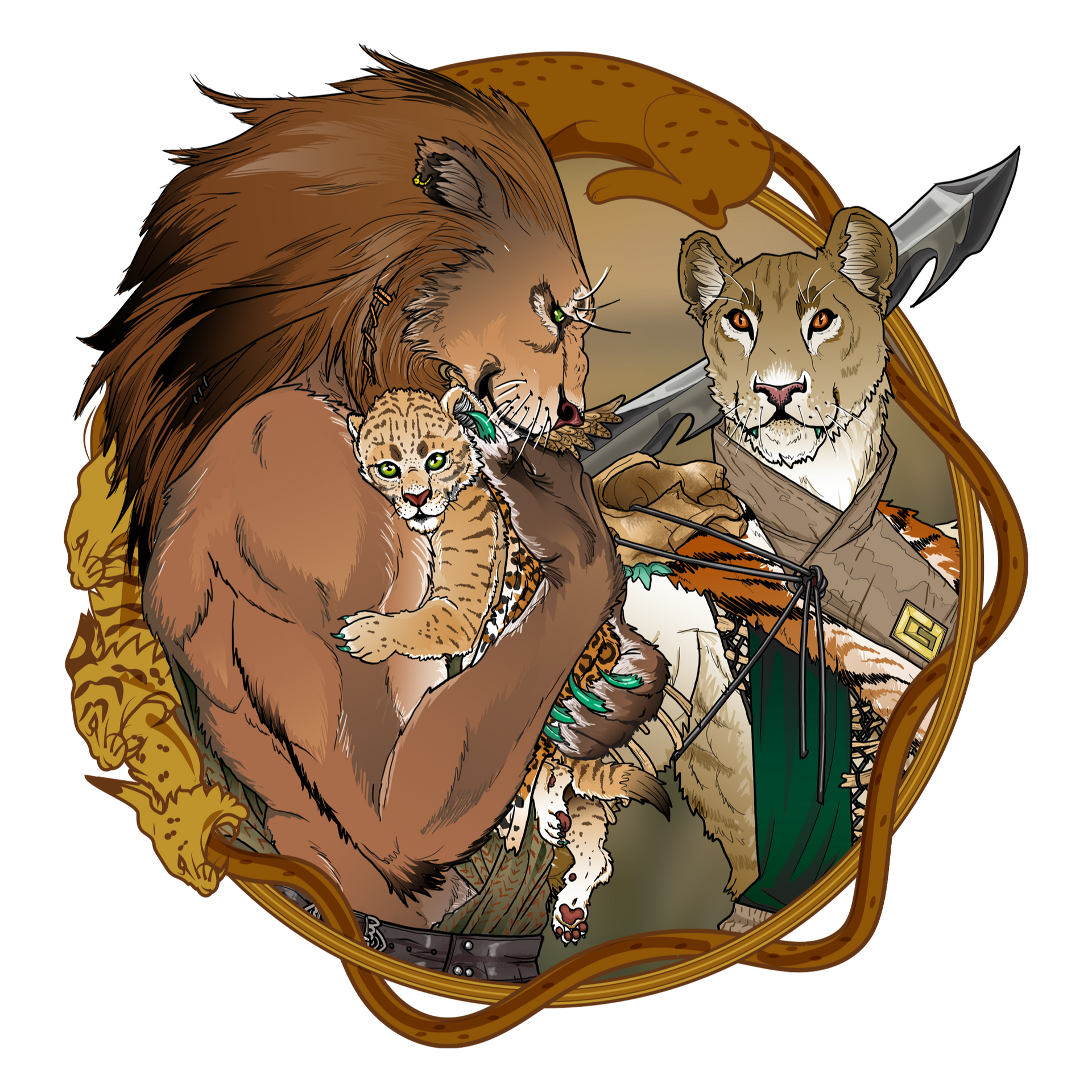 Eternity TTRPG Jadori Race Icon Lion, lioness, cub, embrace. Lion holds cub; lioness has sword. Golden ornate frame.