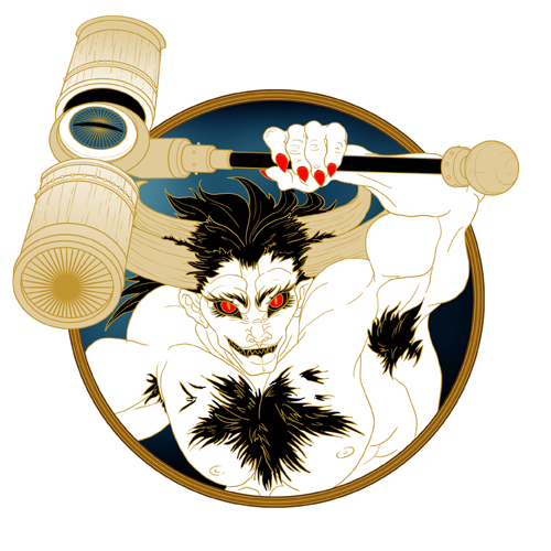 Demon-like figure wielding a mallet, red-eyed with a menacing grin, within a circular frame.