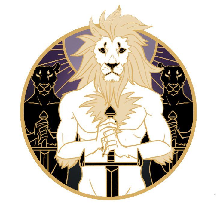 Lion-headed humanoid with sword, flanked by black panthers. Circle frame, gold, purple and white color scheme.