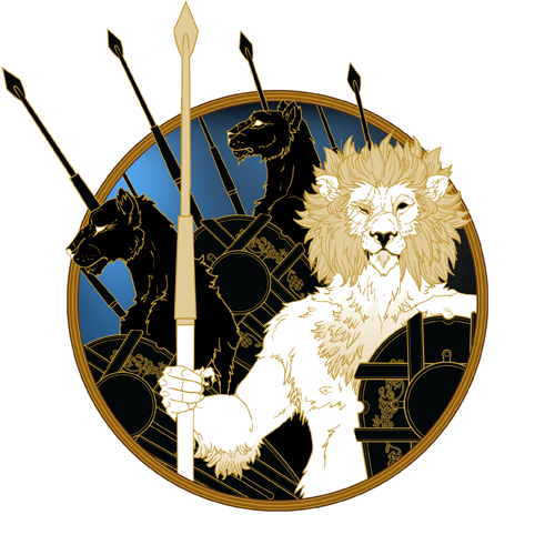 White lion and black panther with spears and shields in a circle.