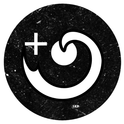 Black circular logo with a white, stylized wave and plus sign.