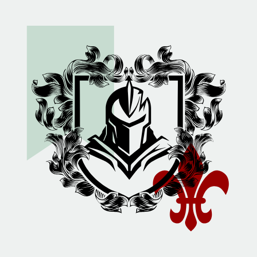 Shield emblem featuring a knight's helmet, ornate floral border, and a red fleur-de-lis, against a light green shape.