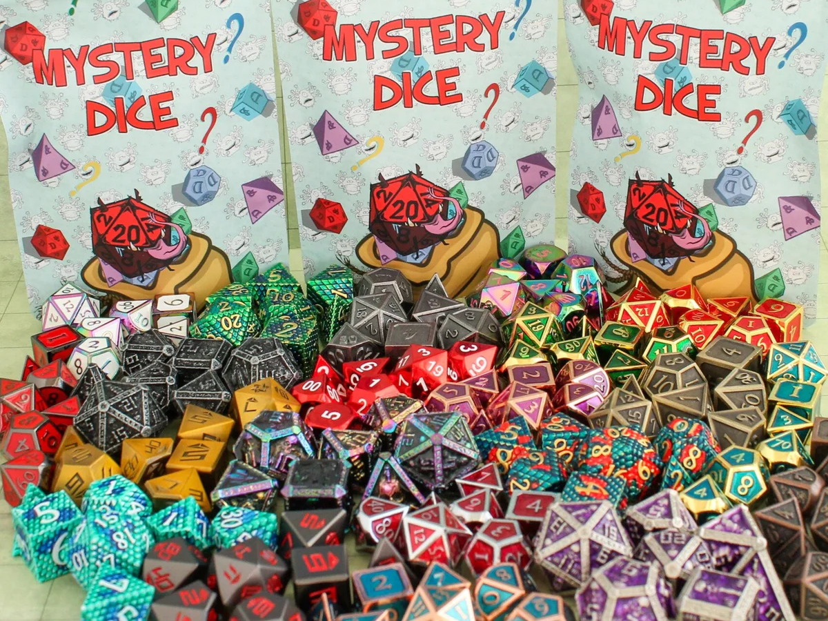 Stacks of multicolored dice in front of three 