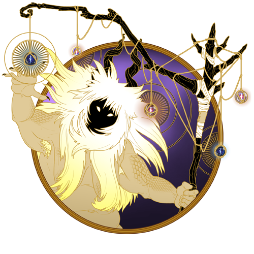Figure with glowing hair and dark face, holding a staff. Gold ornaments and purple background.