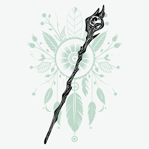 Black staff with glowing orb, set against a teal dreamcatcher design with feathers and floral elements.