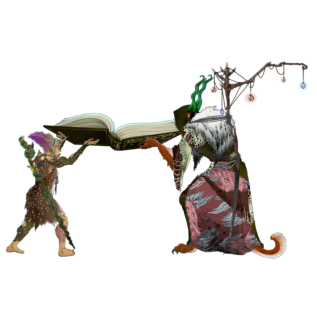 Two fantastical figures holding open a large, illustrated book