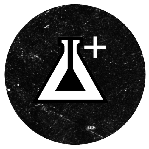 Black circle with a textured pattern. White flask icon with a plus sign.