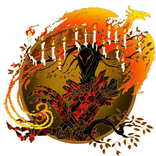 Fiery tree-like creature with a menorah of candles, surrounded by flames and a phoenix.