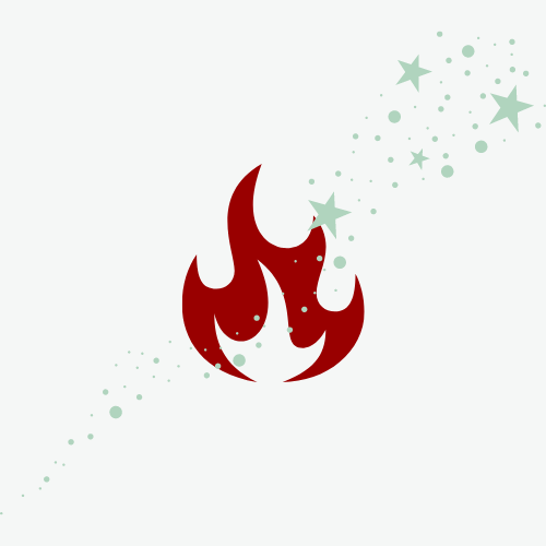 Red flame icon with stylized green stars and dots on white background.