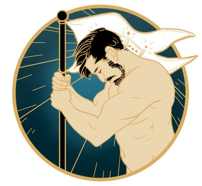 Man holding a white flag, head bowed, within a gold-bordered circle against a dark blue background.