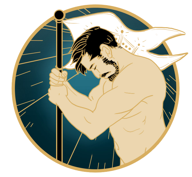 Man with a beard holding a white flag, head bowed. Dark blue background within a gold circle.