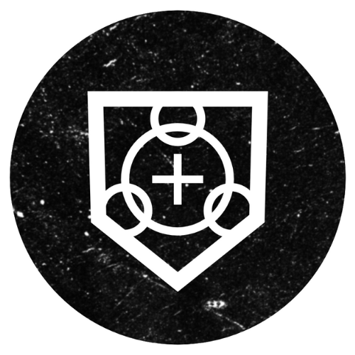 White geometric emblem with a cross and circles on a textured black background.