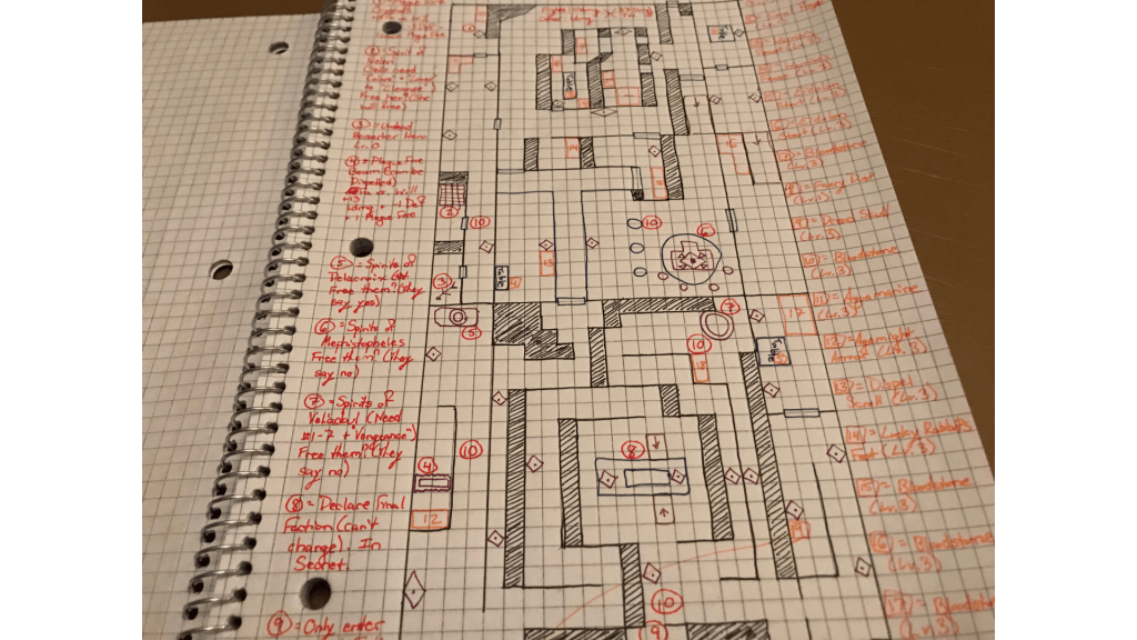 Hand-drawn dungeon map on graph paper