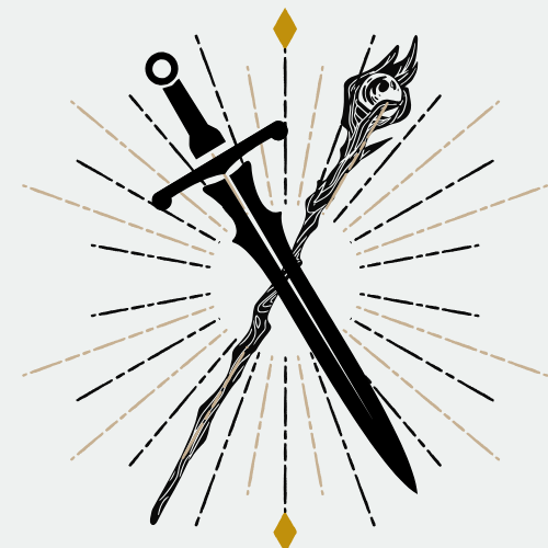 Sword and staff crossed against a radiating background with two gold diamonds.