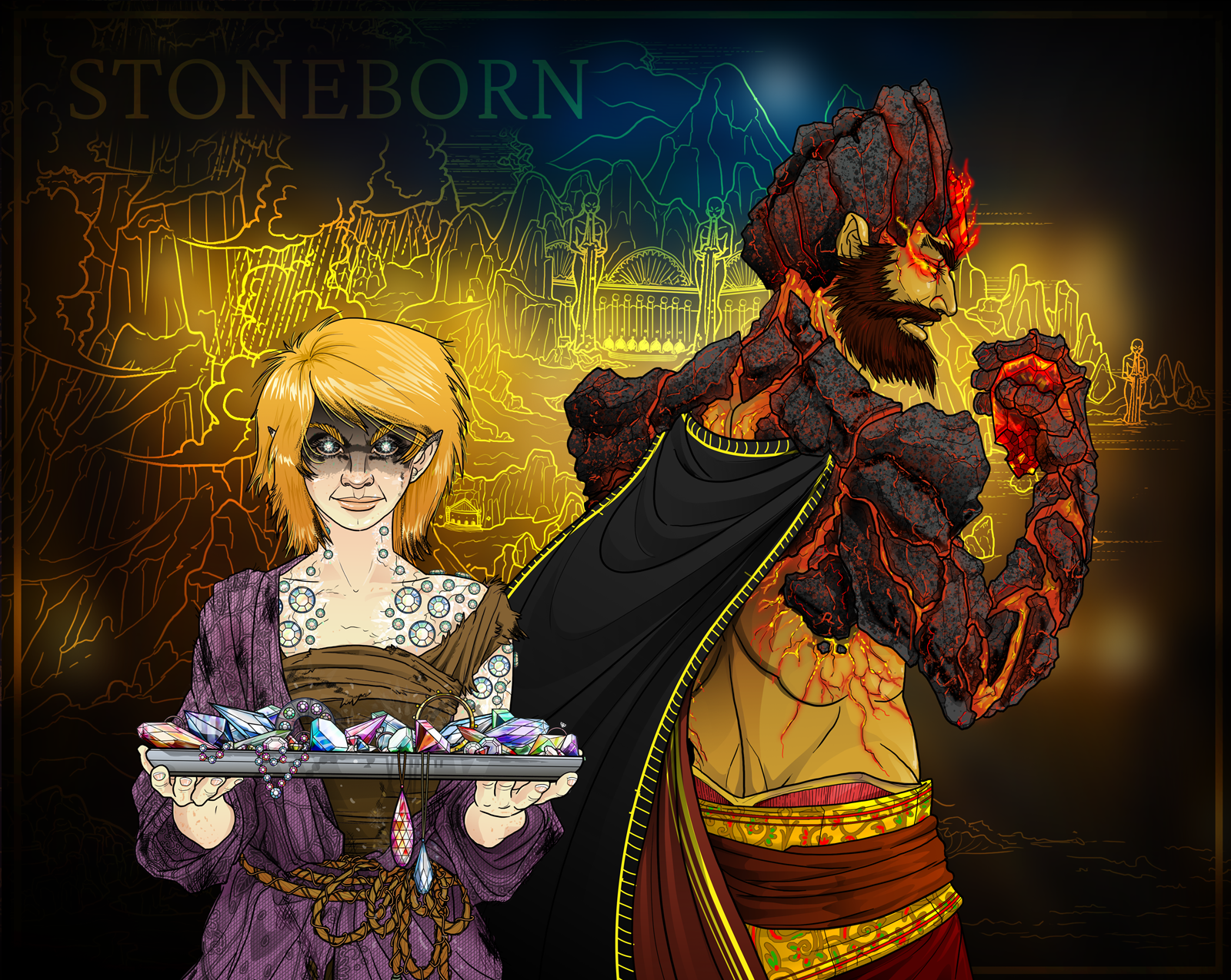 Person holds tray of gems; fiery stone figure stands beside them, dark background, map.
