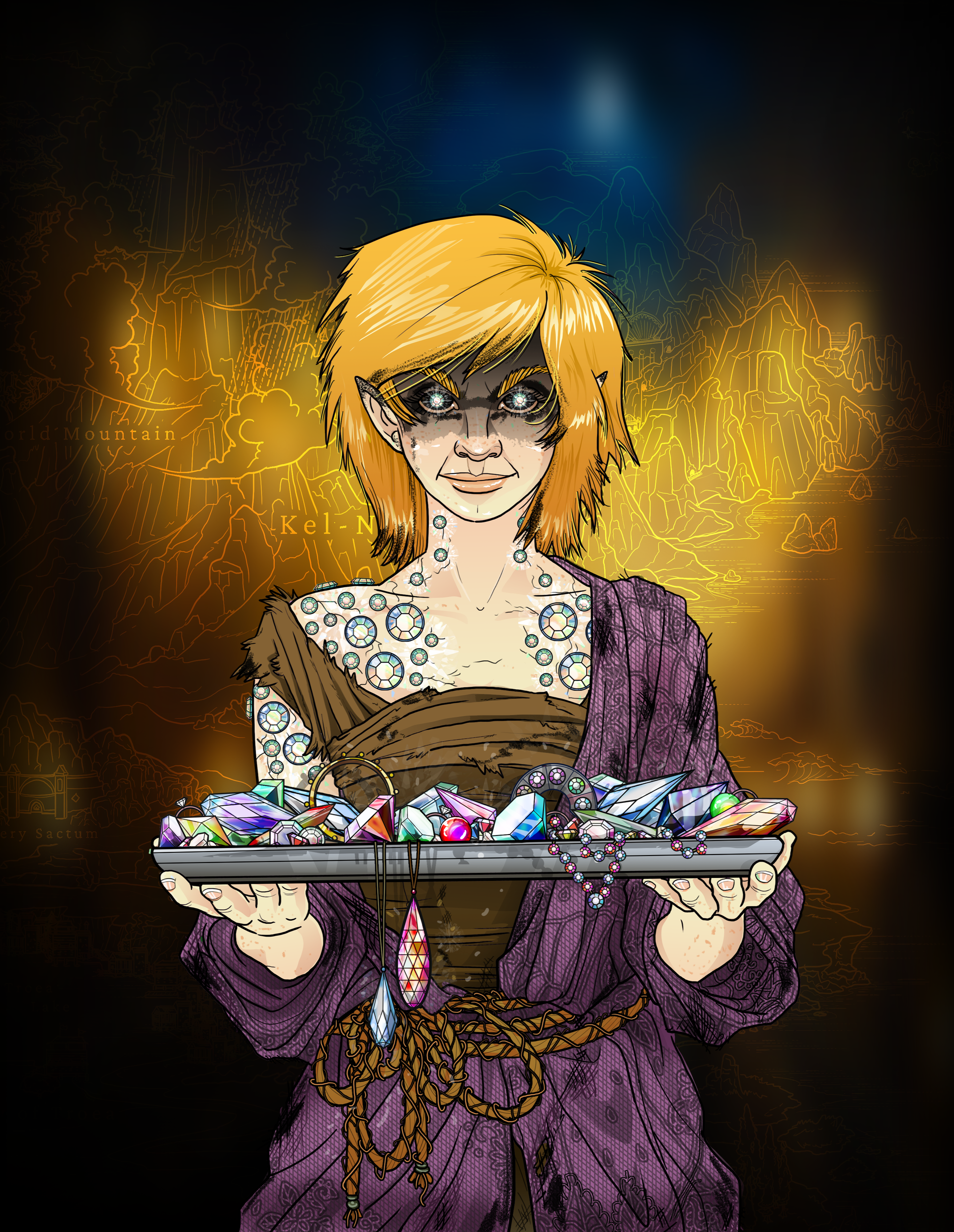 Sparks of Eternity: Stoneborn Thief Woman with blond hair and purple robes holding a tray of gems