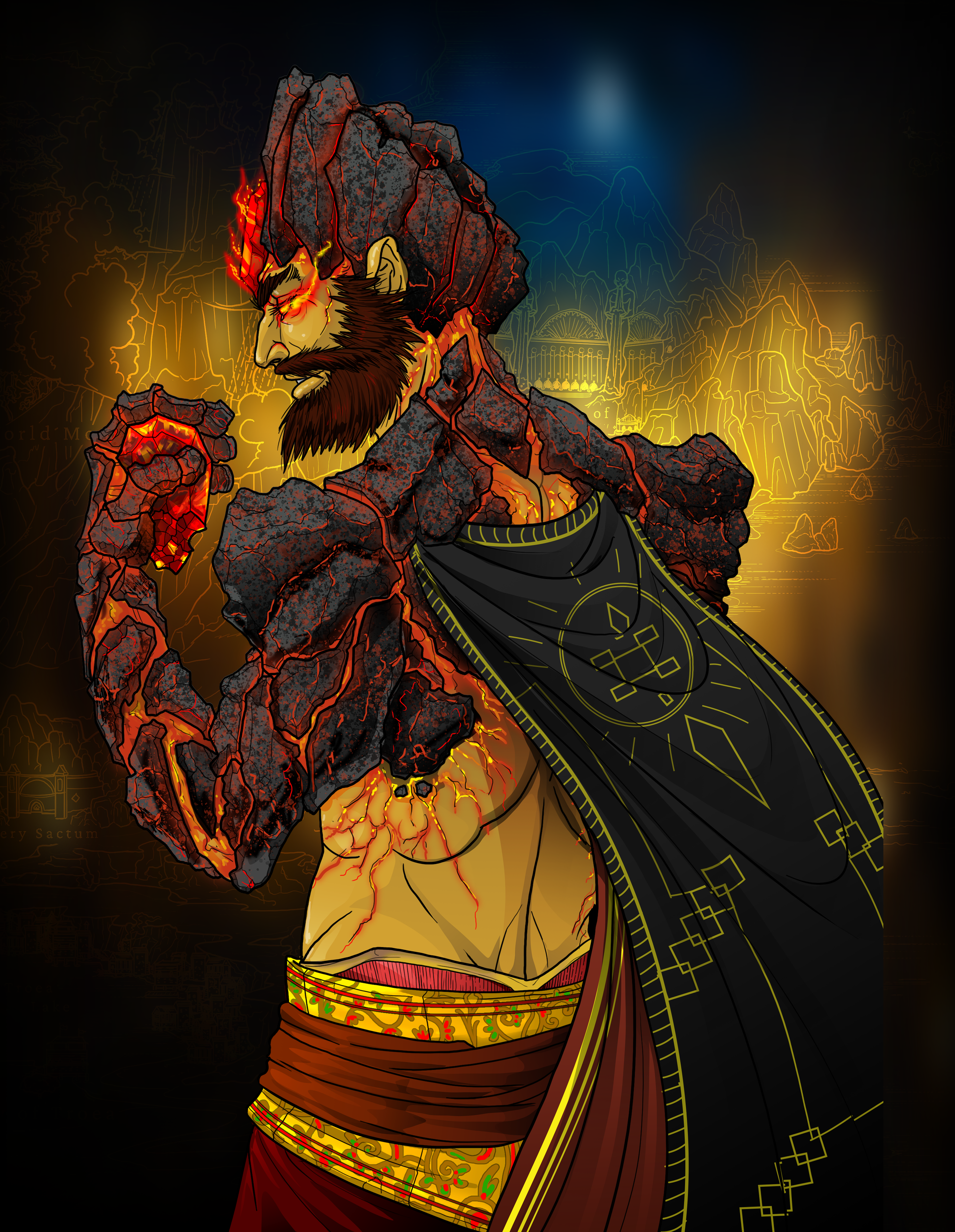 Sparks of Eternity: Stoneborn Pyromancer Fiery man in dark robes with glowing embers