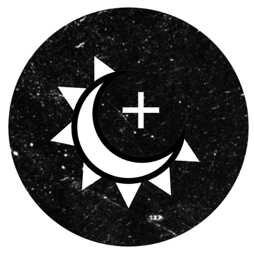 Black and white circular symbol with a crescent moon