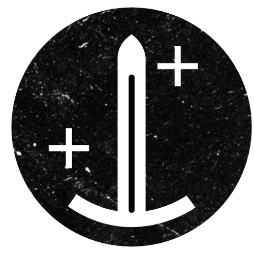 White sword icon with cross symbols in a black circle.