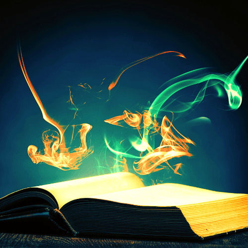 Open book with glowing pages; colorful smoke-like figures emerge, set against a dark blue background.