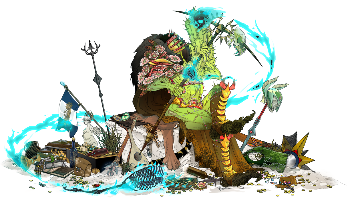 A fantastical green creature with a wooden base, surrounded by objects and blue energy.