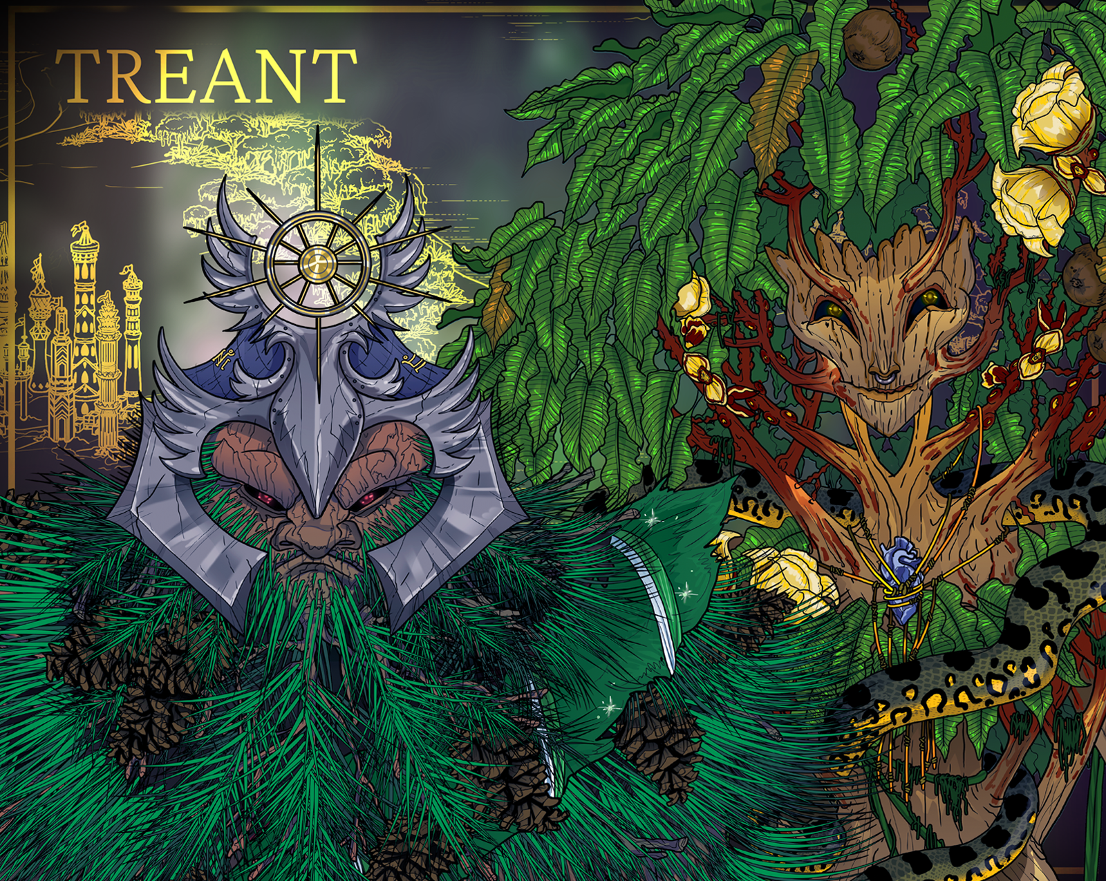 Treant illustration with a stylized tree-like creature, intricate details, and a blue/green color scheme.