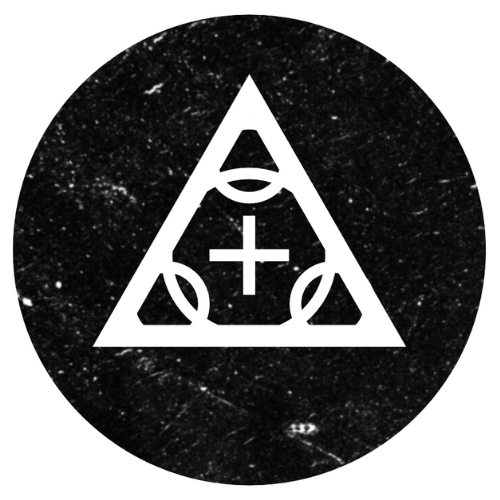 White triangular symbol within a circle on a black textured background
