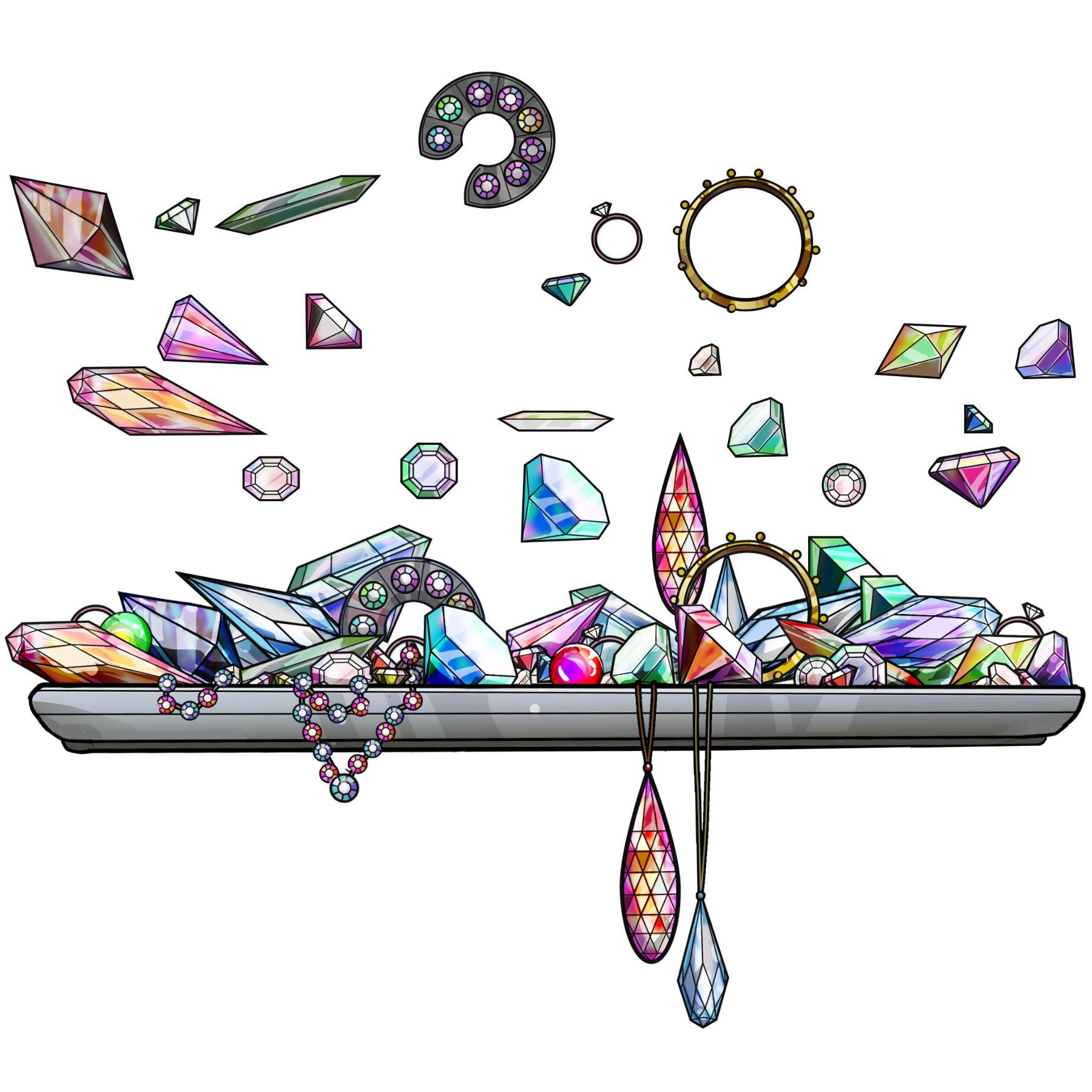 Pile of colorful gems and jewelry on a metal tray, some scattered above.