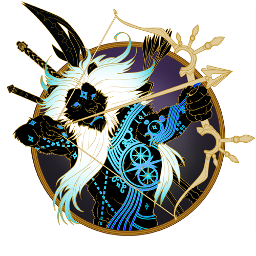 A stylized, black figure with white and blue accents draws back a golden bow, holding a bow in an elaborate border.