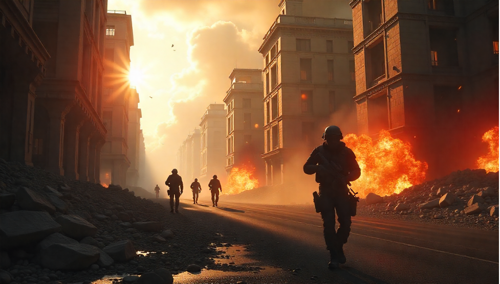 What's New in the Battlefield 6 Beta Soldiers walk through a war-torn city with burning buildings and a setting sun.