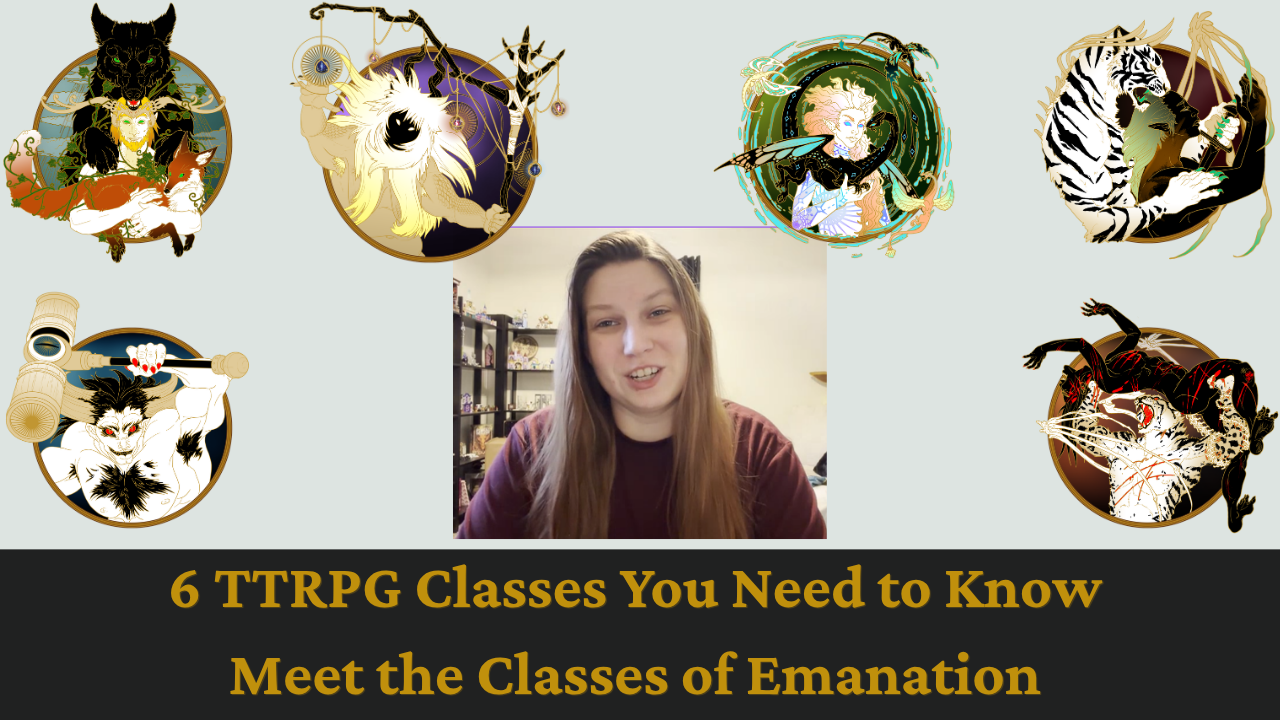 Eternity TTRPG Races Woman centered among six circular fantasy character icons with text: “6 TTRPG Classes You Need to Know” and “Meet the Classes of Emanation”