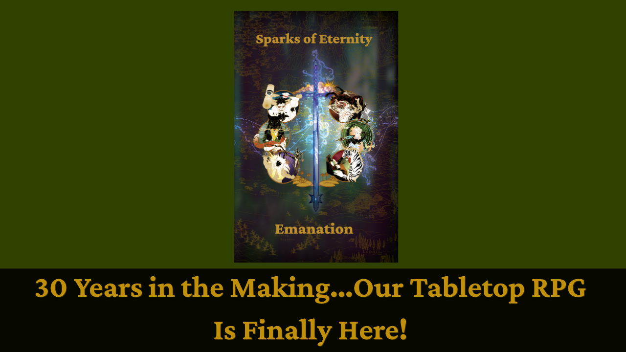 Eternity TTRPG Races Promotional graphic for “30 Years in the Making... Our Tabletop RPG Is Finally Here!” with fantasy cover art