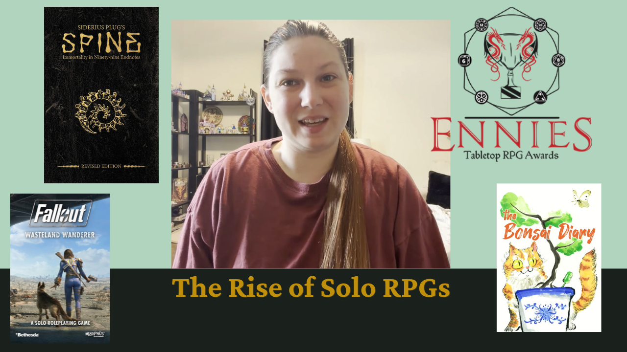 Collage of book covers around a smiling speaker, titled “The Rise of Solo RPGs,” on a black and beige background