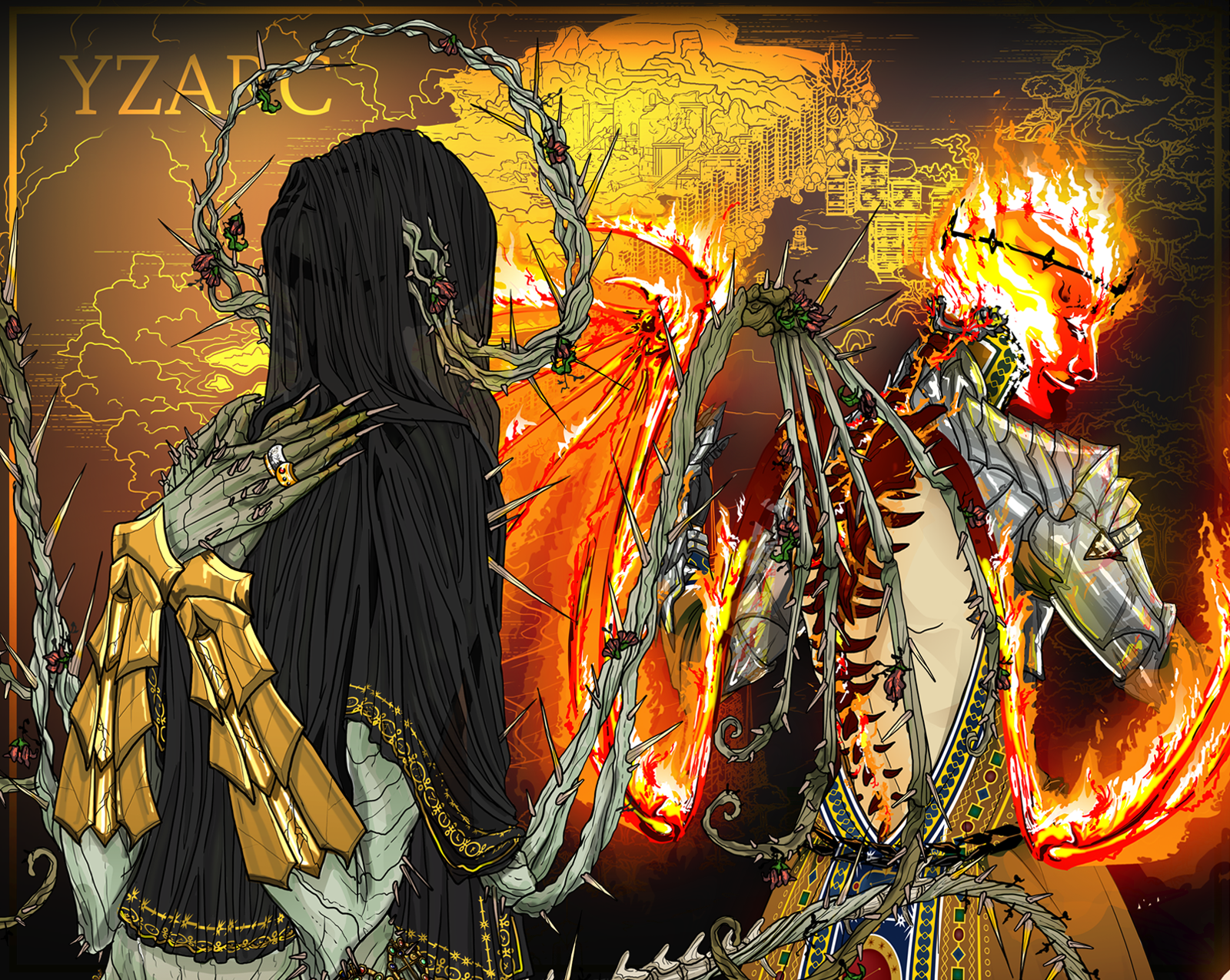 Two figures, one robed with vines, the other ablaze with fire, stand back-to-back against a map.