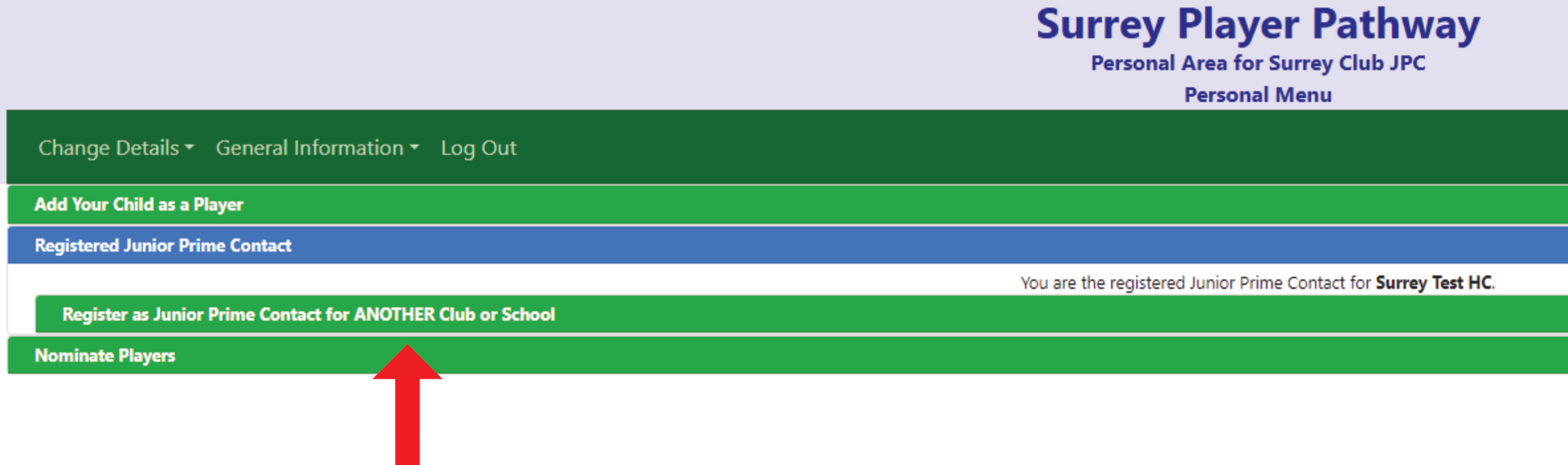 A screenshot of the surrey player pathway website