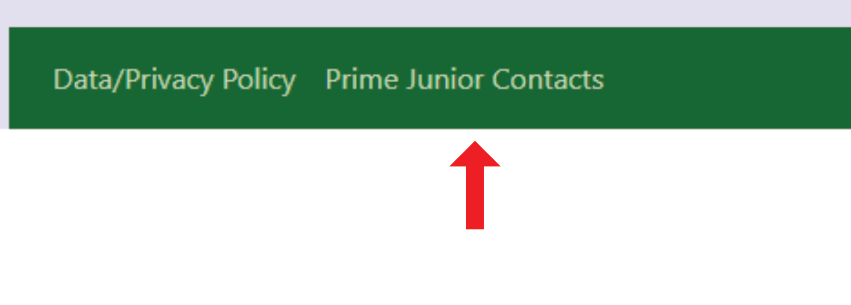 A green banner with the words data privacy policy prime junior contacts and an arrow pointing up