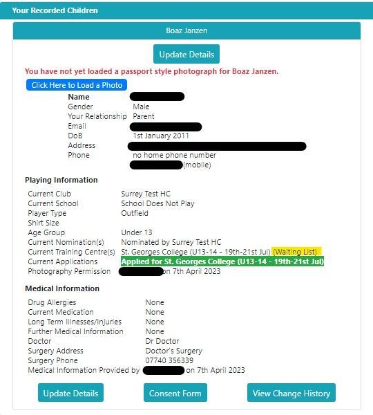 A screenshot of a child 's medical information