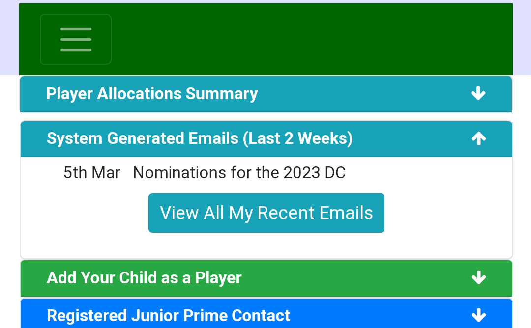 A screenshot of a website showing player allocations summary system generated emails and add your child as a player.