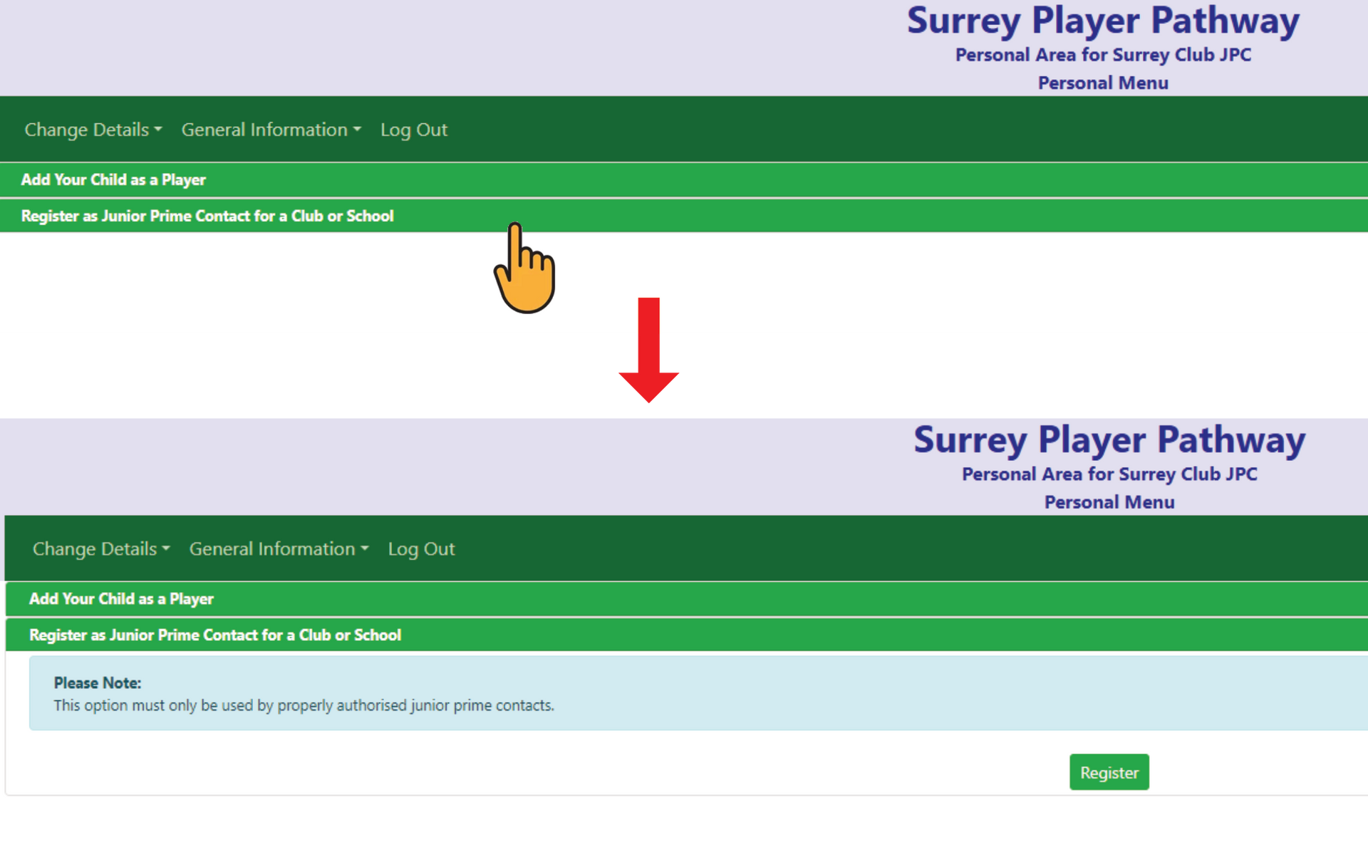 A person is pointing at a green screen that says surrey player pathway