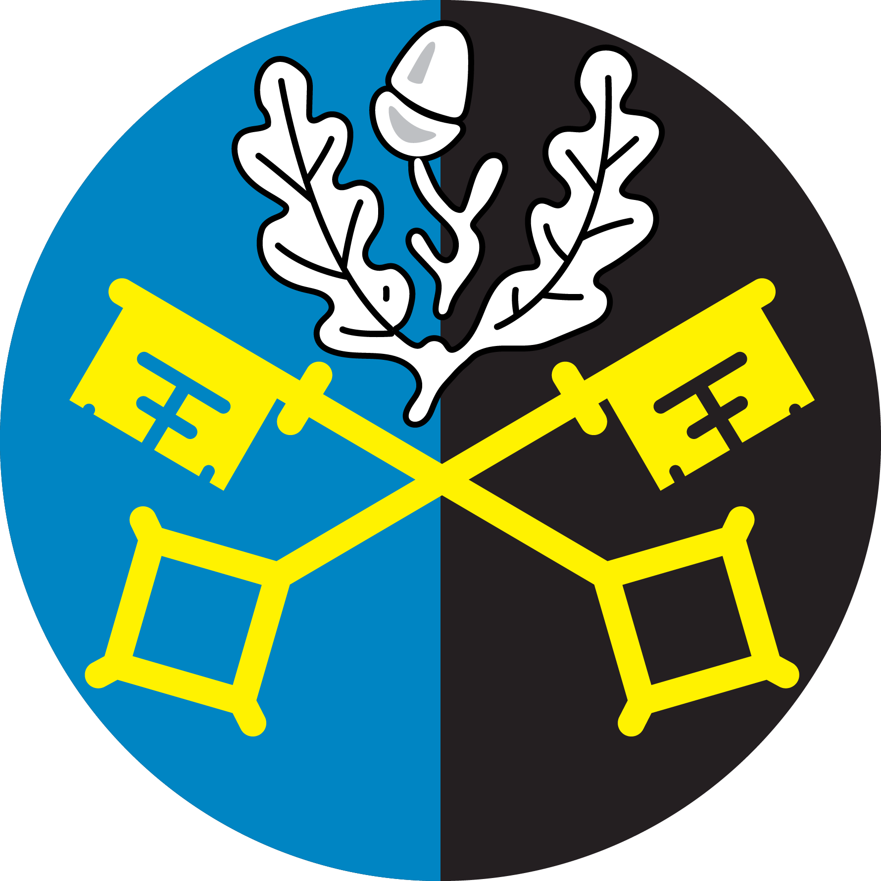 Coat of arms with yellow crossed keys over blue and black, white oak leaves, and acorn.