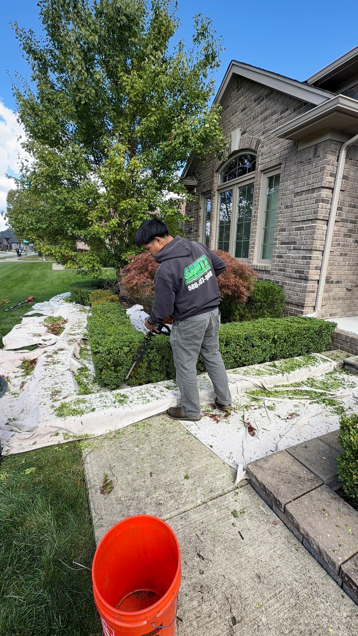 Person gardening beside a stone house, reaching toward shrubs near a tree, with a red bucket in the foreground